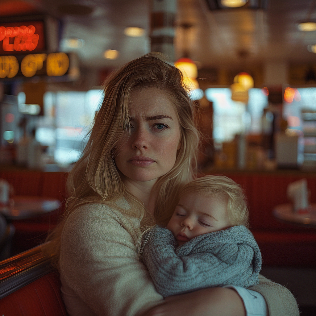 A woman looks scared and nervous sitting in a diner with her little boy | Source: Midjourney