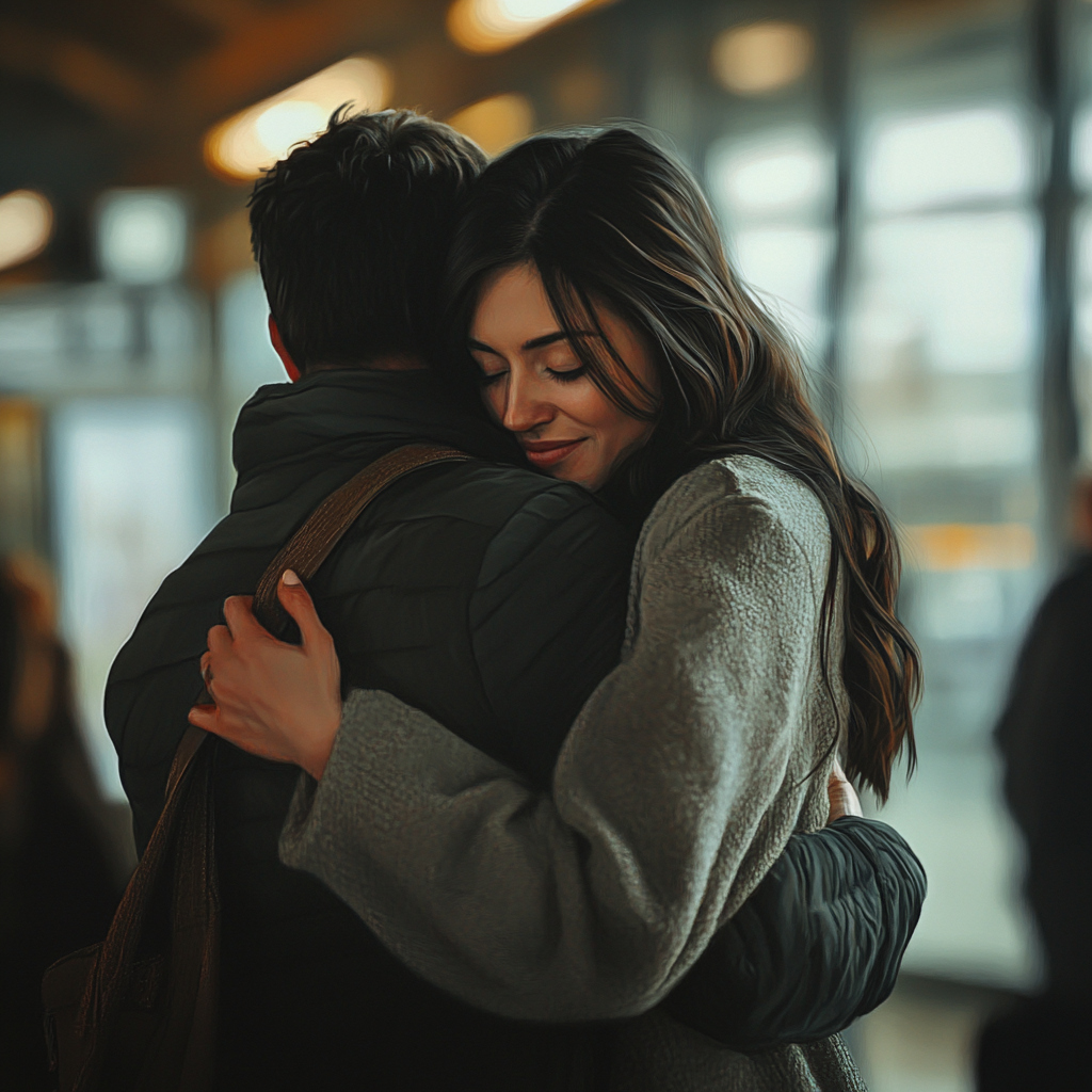 A woman hugging her husband in an airport | Source: Midjourney