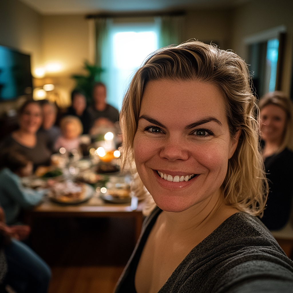 A closeup shot of a happy woman taking a selfie during a family dinner | Source: Midjourney