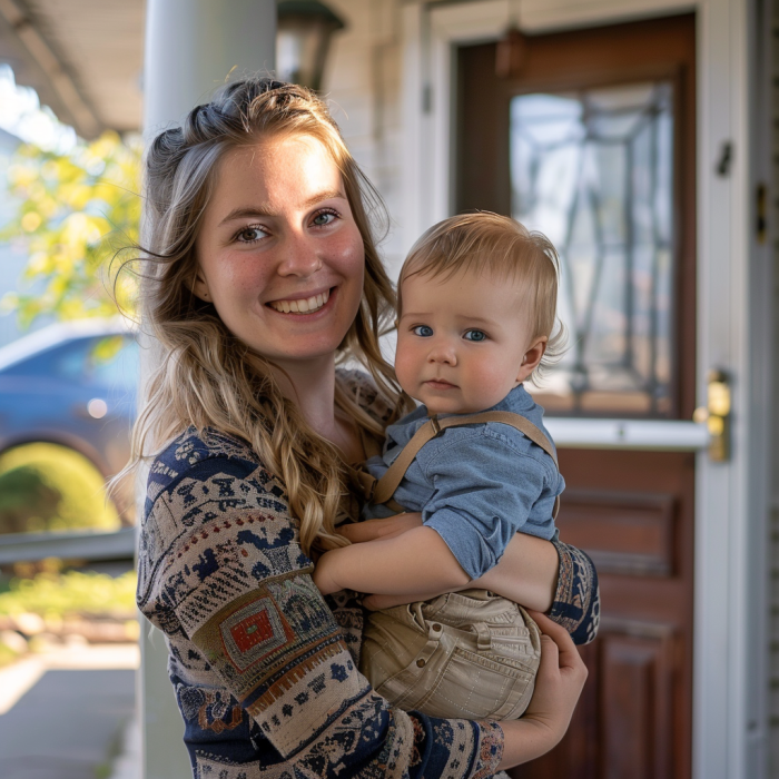 A woman holding a baby boy standing on the front porch of a house | Source: Midjourney