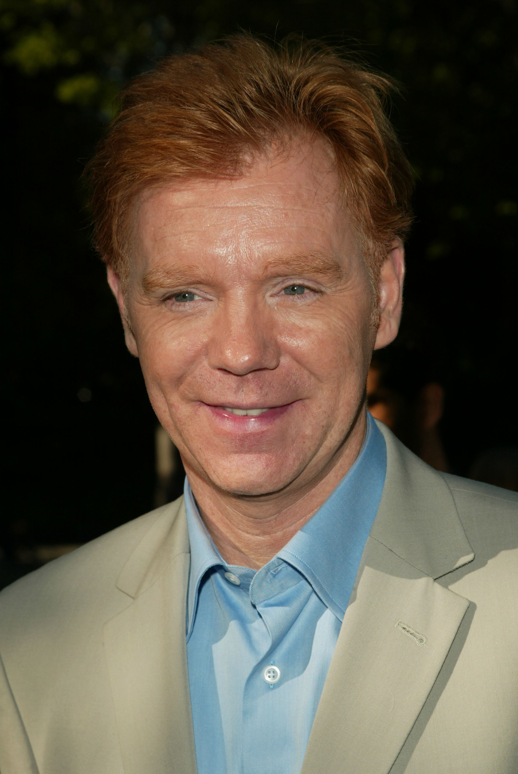 David Caruso smiles in a light suit jacket and blue shirt while arriving at CBS's 2002/2003 Season Upfront party at Tavern on the Green in New York City.