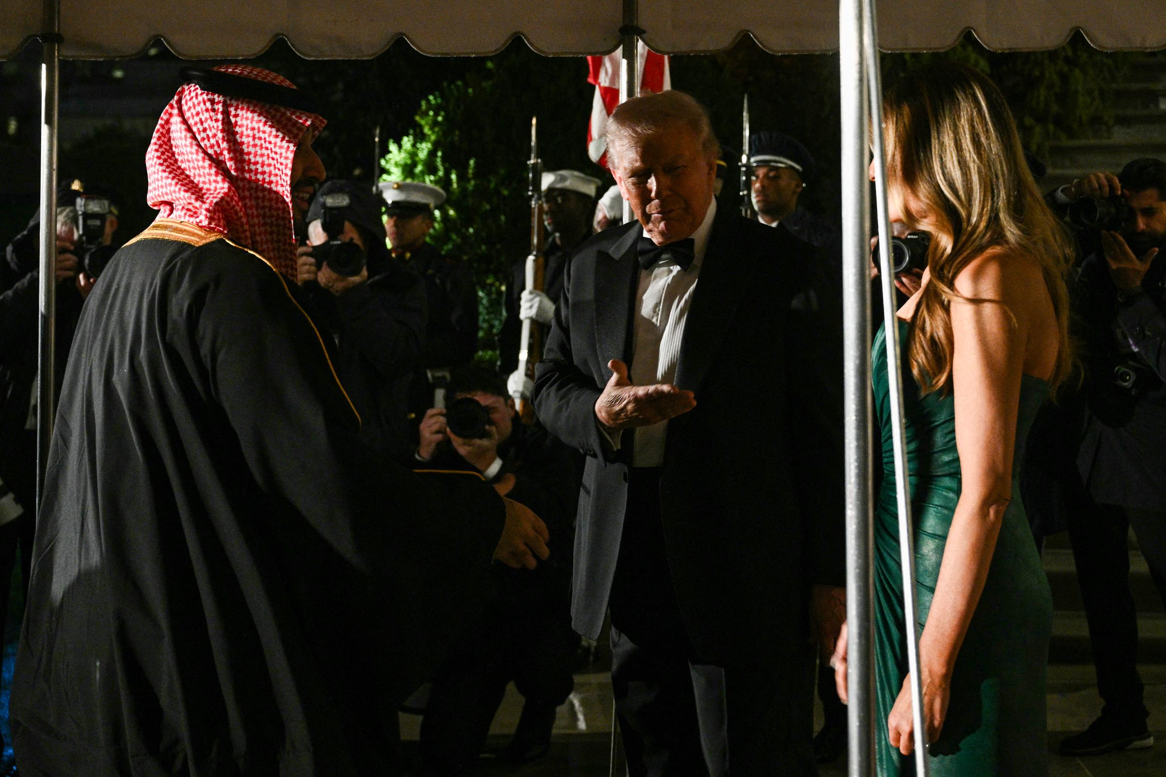 Donald and Melania Trump welcome Crown Prince Mohammed bin Salman to the White House on November 18, 2025 | Source: Getty Images