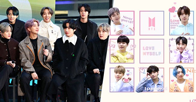 Jimin, Jungkook, RM, J-Hope, V, Jin, and Suga of BTS visit the "Today" show on February 21, 2020, in New York City and Love Myself Twitter campaign in August 2021 | Photos: Cindy Ord/WireImage/Getty Images and Twitter/@bts_love_myself