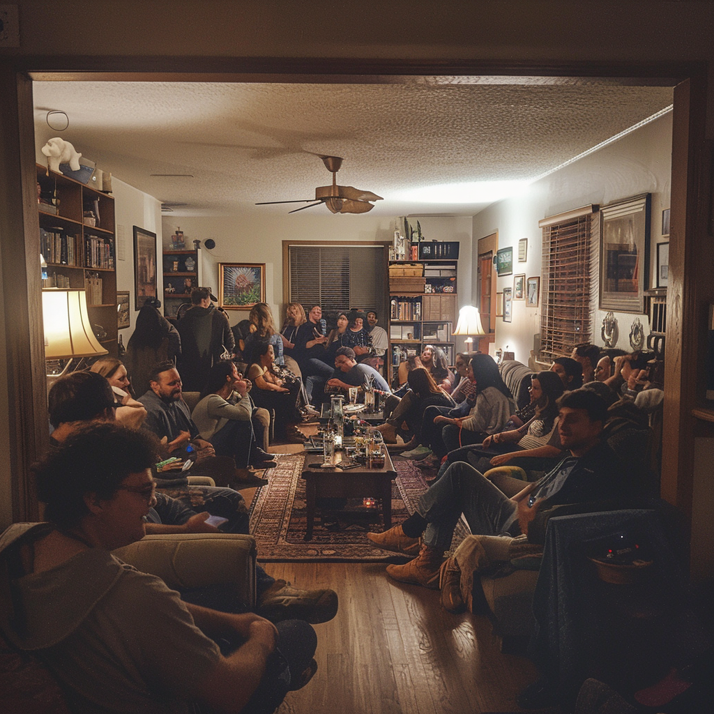 A crowd of people in a living room | Source: Midjourney