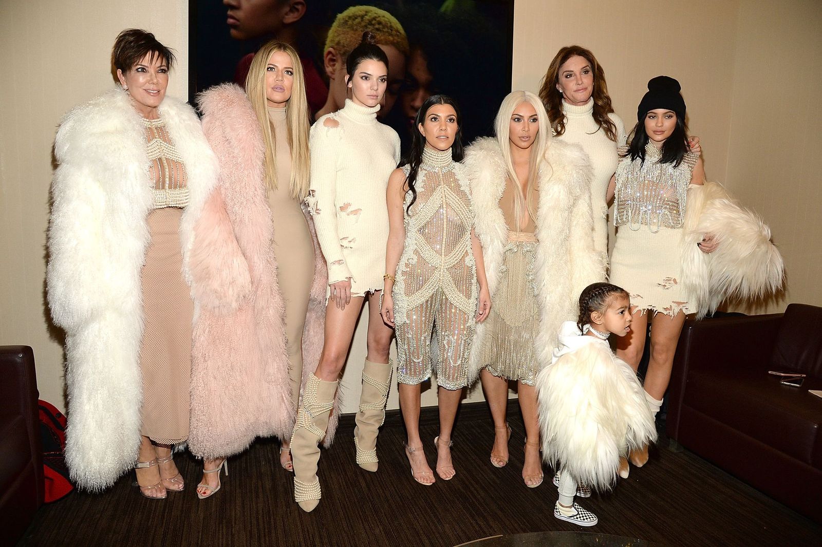 Khloe Kardashian, Kris Jenner, Kendall Jenner, Kourtney Kardashian, Kim Kardashian West, North West, Caitlyn Jenner and Kylie Jenner attend Kanye West Yeezy Season 3 at Madison Square Garden on February 11, 2016 in New York City. | Photo: Getty Images.