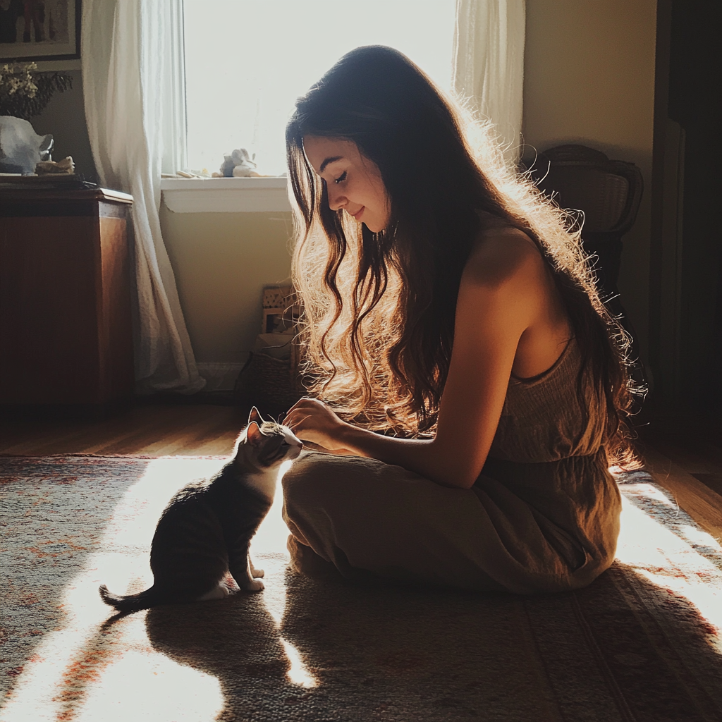 A woman with her cat | Source: Midjourney