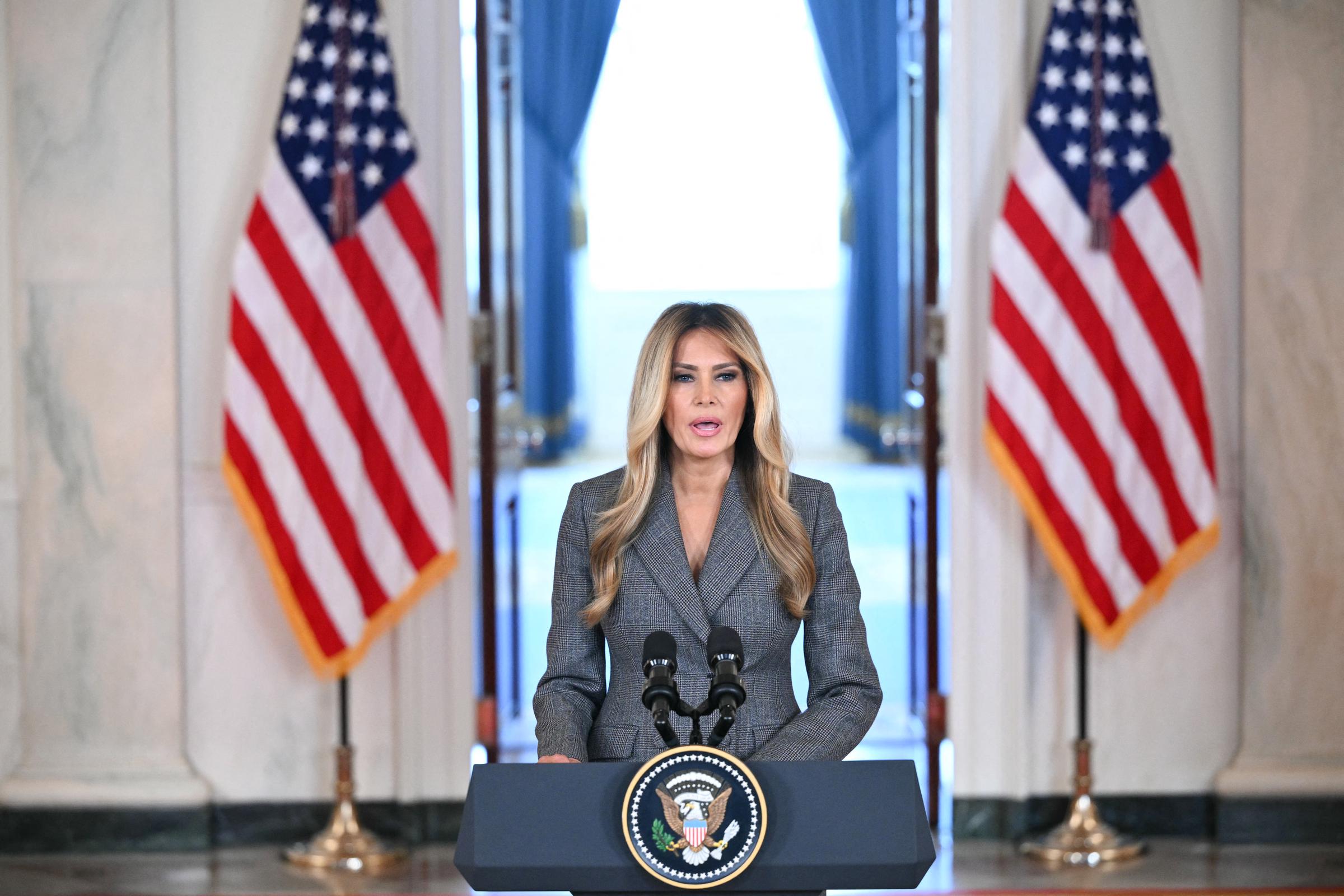 Melania Trump delivers a statement at the White House in Washington, DC, on April 9, 2026 | Source: Getty Images