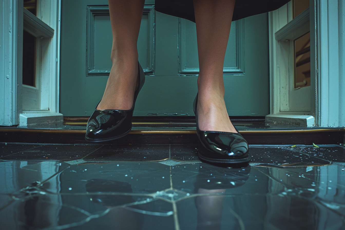 A close-up shot of a woman's shoes as she walks away from a door | Source: Midjourney