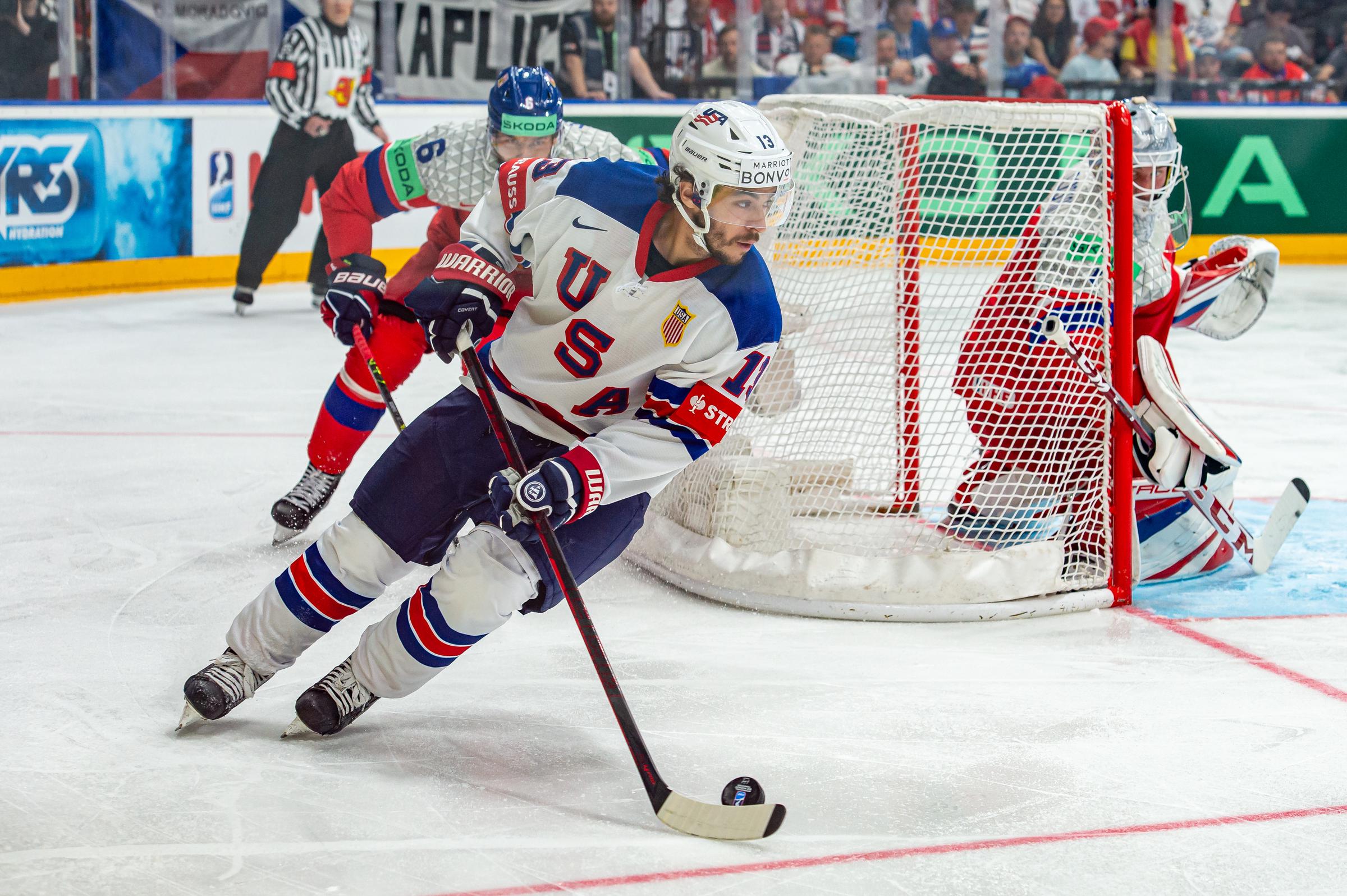 Johnny Gaudreau playing during the IIHF Ice Hockey World Championship Czechia Quarterfinal match between USA and Czechia in Prague, Czech Republic on May 23, 2024 | Source: Getty Images