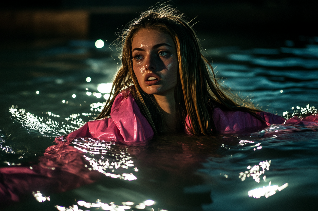 A worried woman in a lake at night | Source: Midjourney