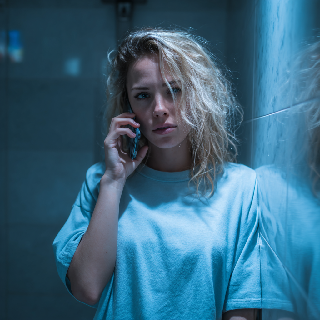 A woman standing in a bathroom and talking on a phone | Source: Midjourney