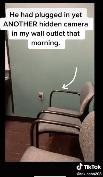 Vanessa Lee showed the wall outlet where she claimed the man installed the camera. | Source: tiktok.com/@texicana208