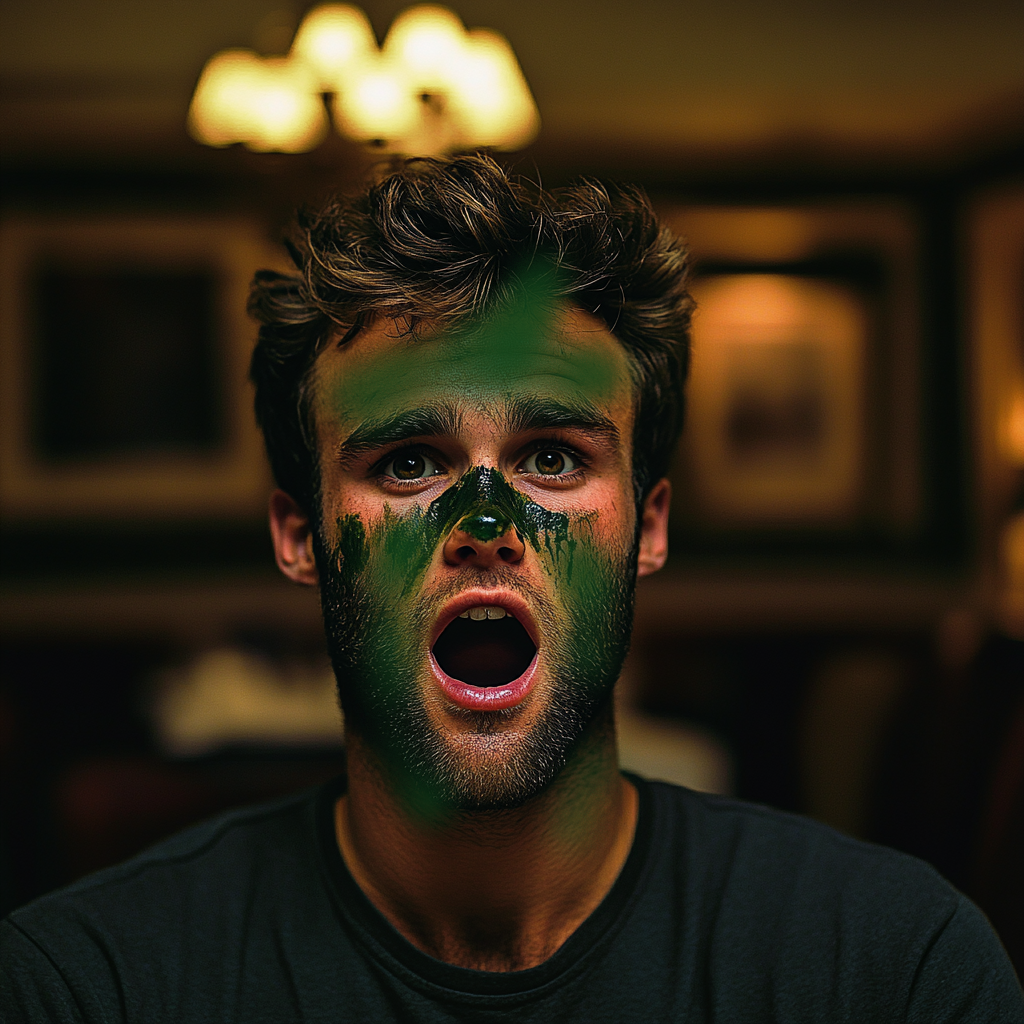 A shocked man with his face covered in green paint | Source: Midjourney