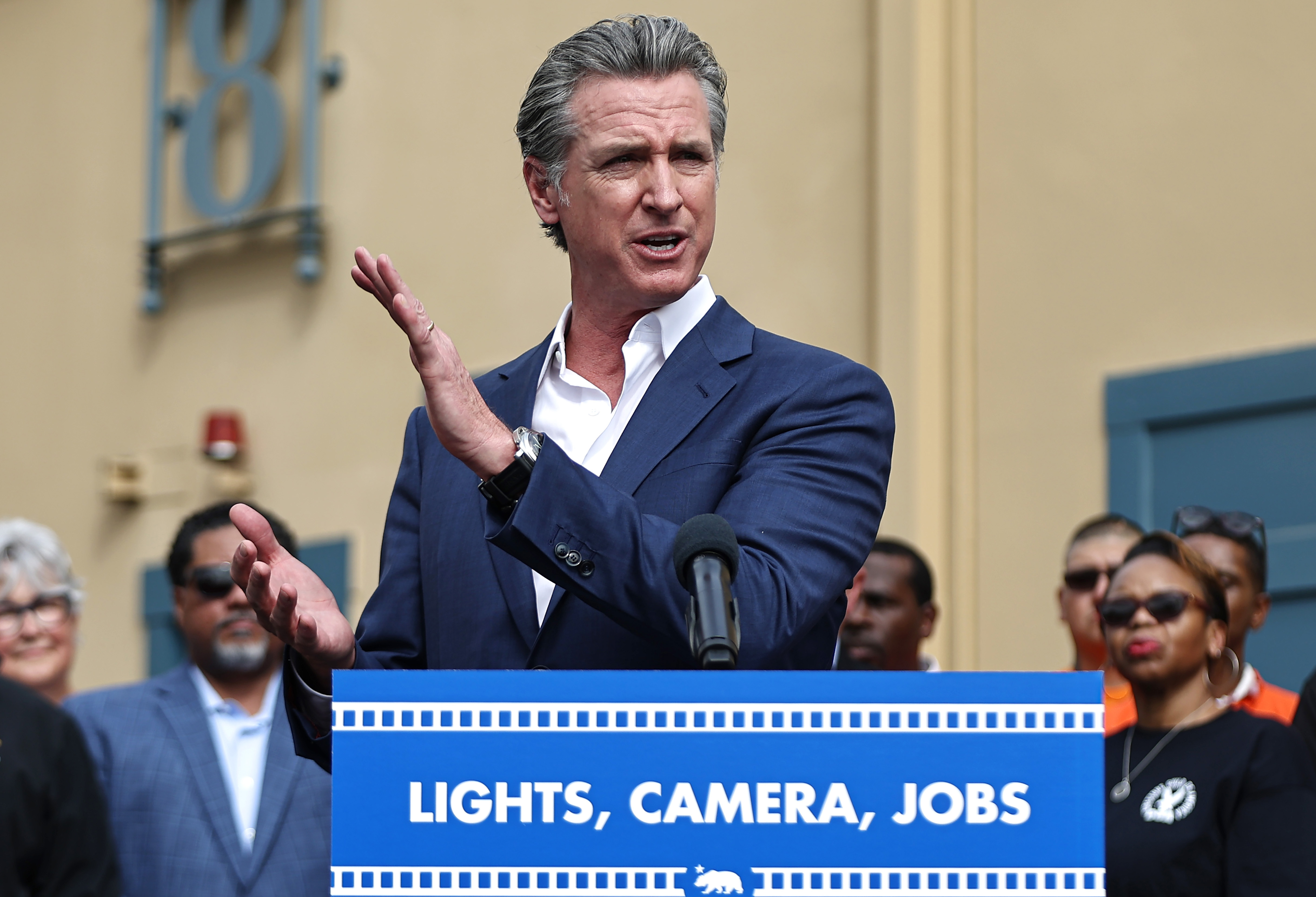 California Governor Gavin Newsom speaks during a press conference in Los Angeles, California, on October 27, 2024 | Source: Getty Images