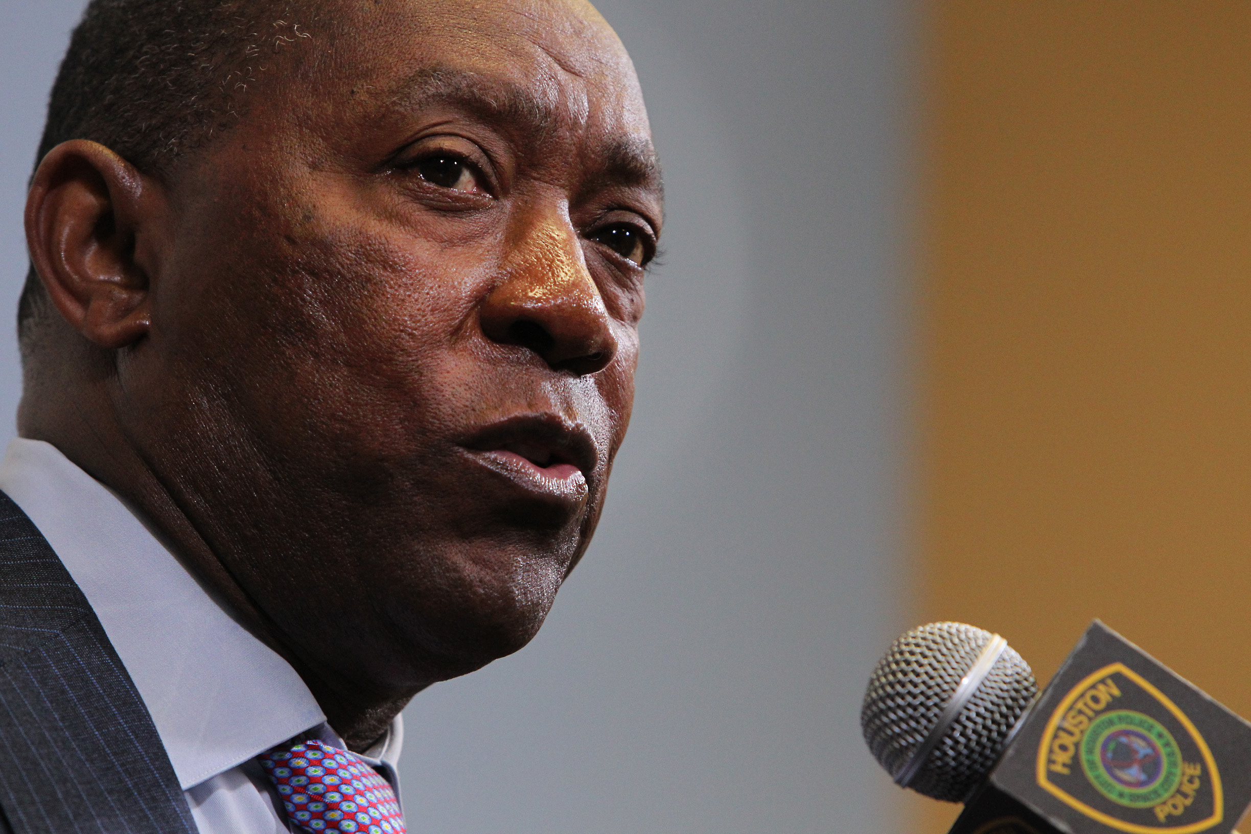 Sylvester Turner speaking about the Houston Police Department's ongoing recruitment of military veterans and federal legislation in Houston, Texas on February 23, 2017. | Source: Getty Images