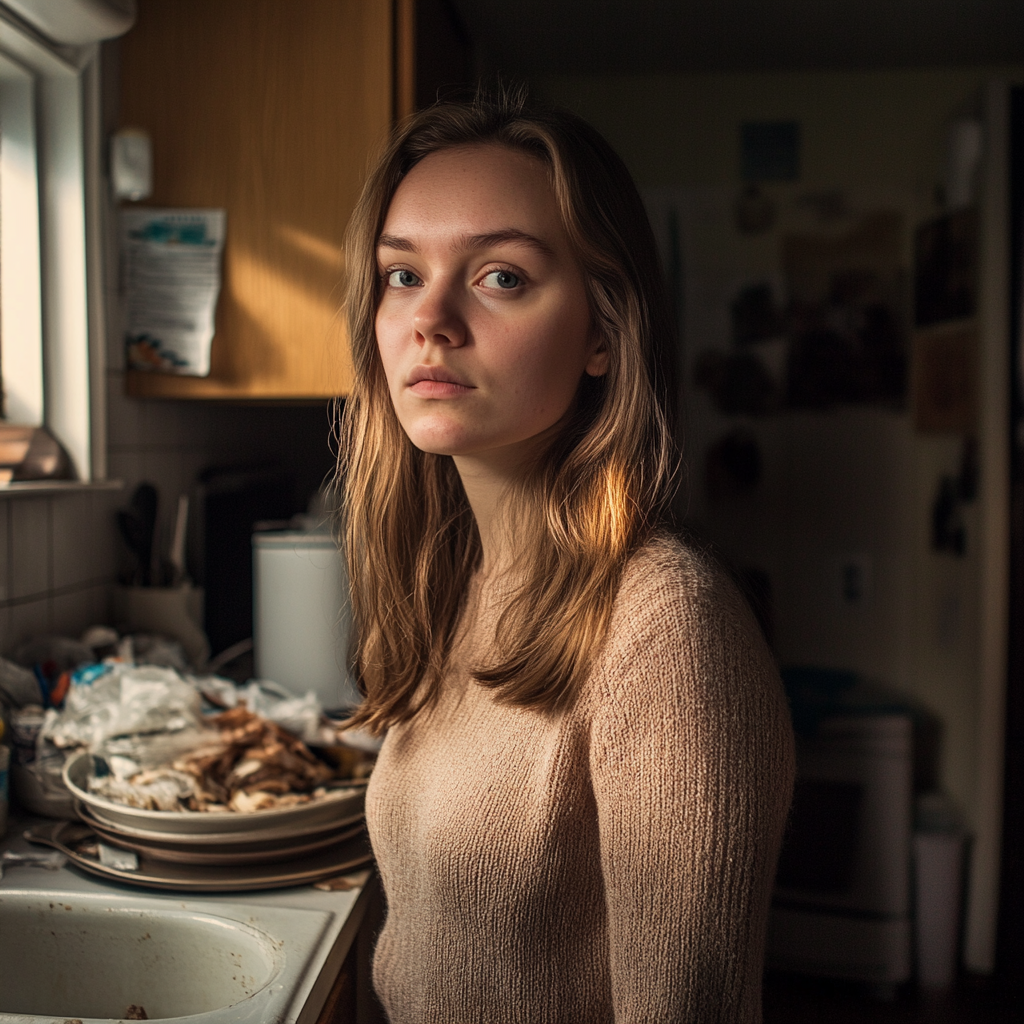 A woman standing in a messy kitchen with dirty dishes piled up on the counter | Source: Midjourney