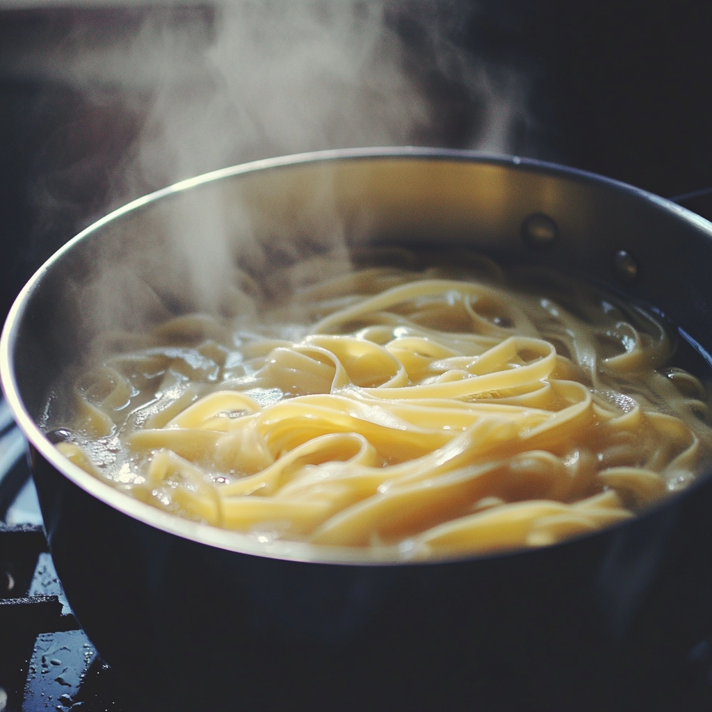 A pot of pasta boiling on a stove | Source: Midjourney