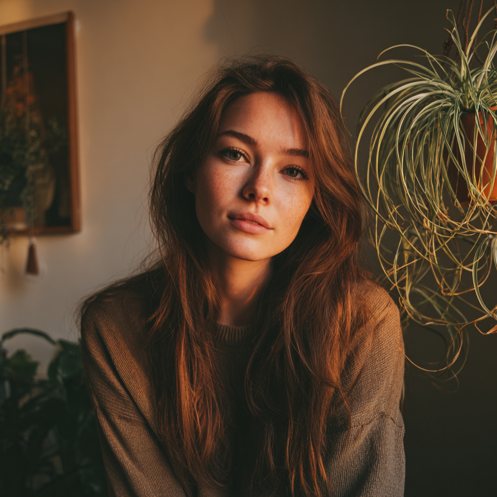 A smiling woman sitting in an apartment | Source: Midjourney