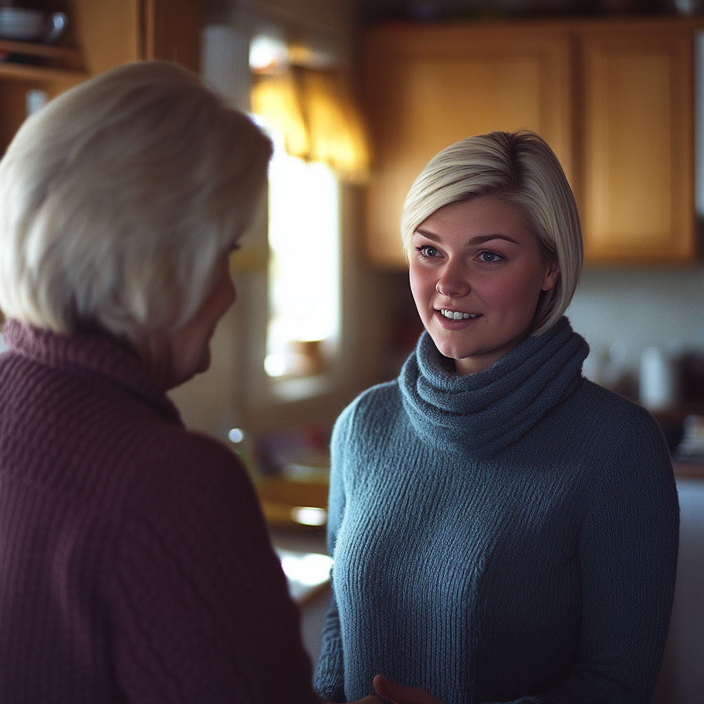 A young woman smiles while talking to her concerned mother | Source: Midjourney