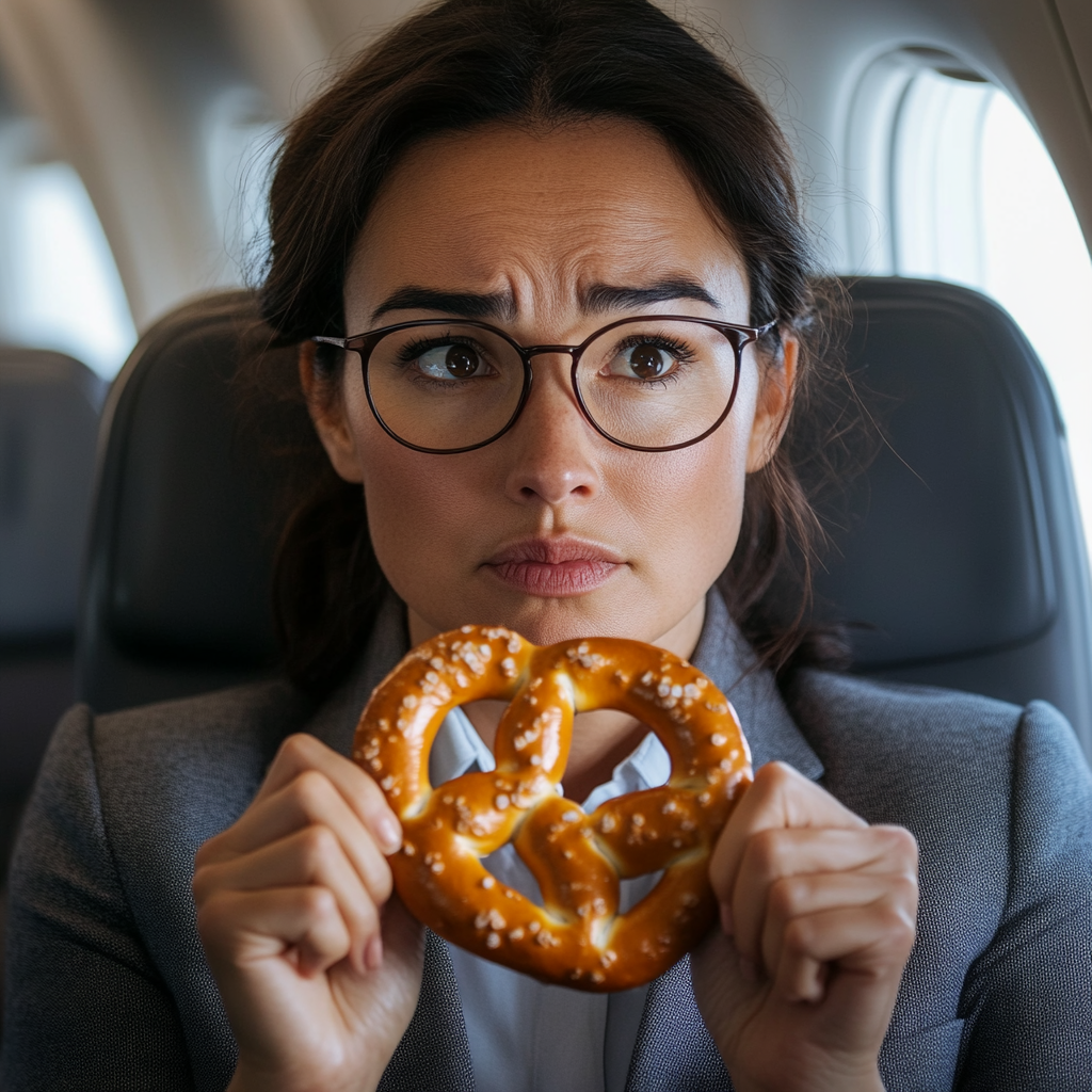 Woman expressing disappointment at only having a pretzel to eat | Source: Midjourney