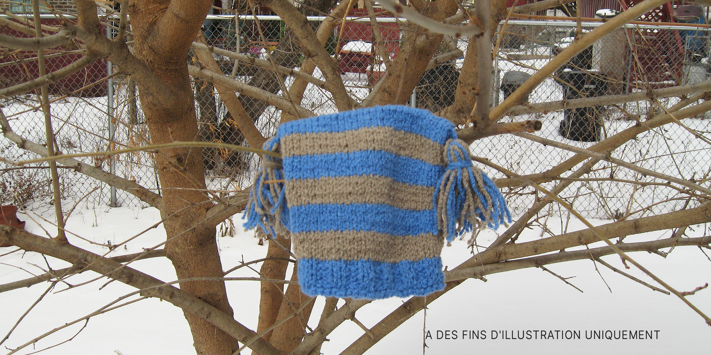 Un bonnet tricoté est accroché à un arbre avec de la neige en arrière-plan | Source : Flickr / moonrat42 (CC BY-SA 2.0)