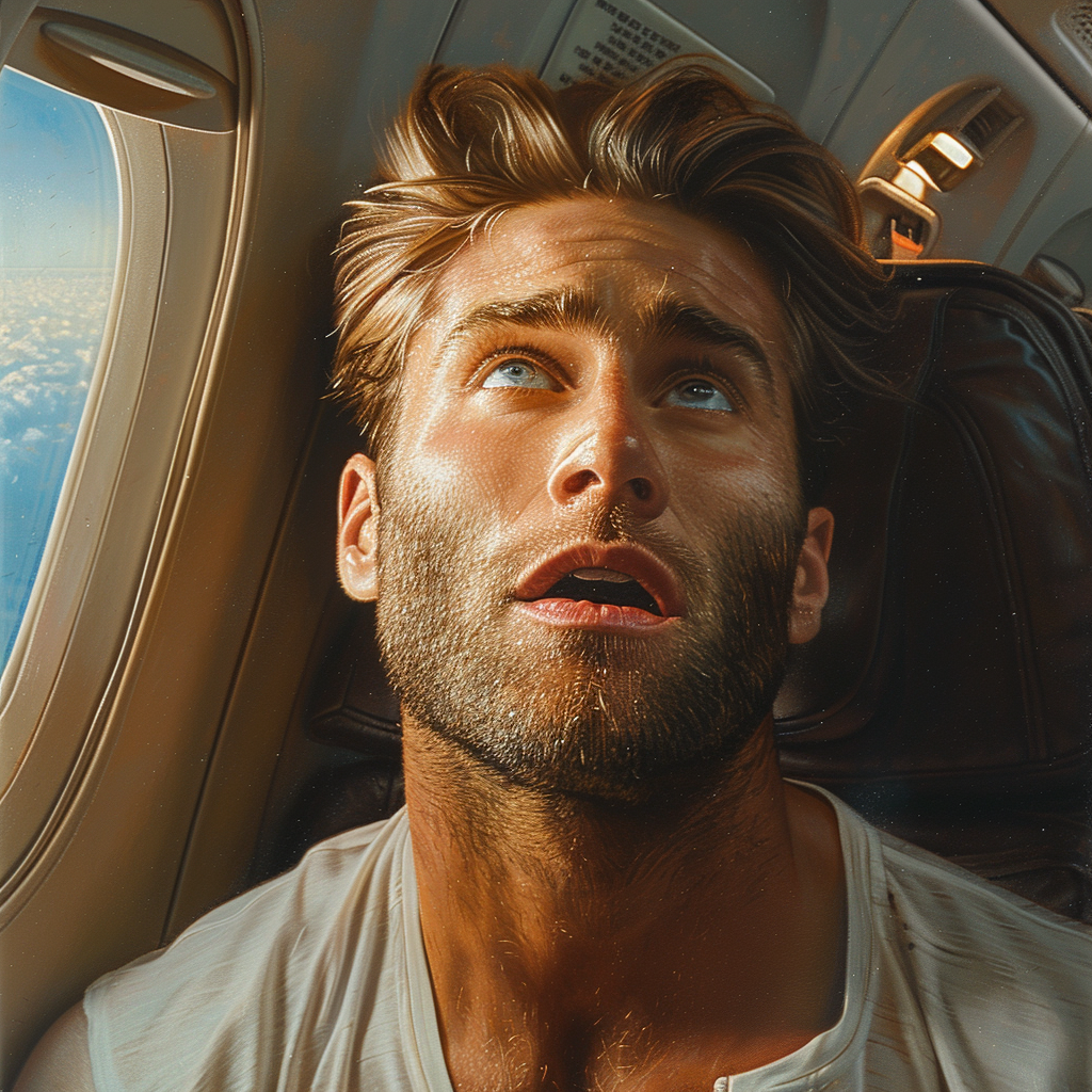 A young man seated in an airplane and looking up | Source: Midjourney