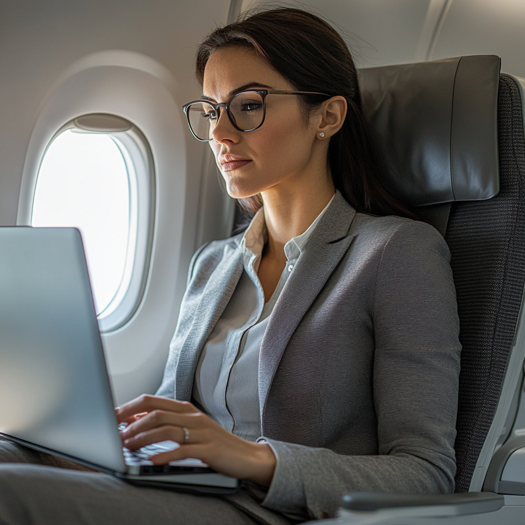 The woman working on her laptop on the plane | Source: Midjourney