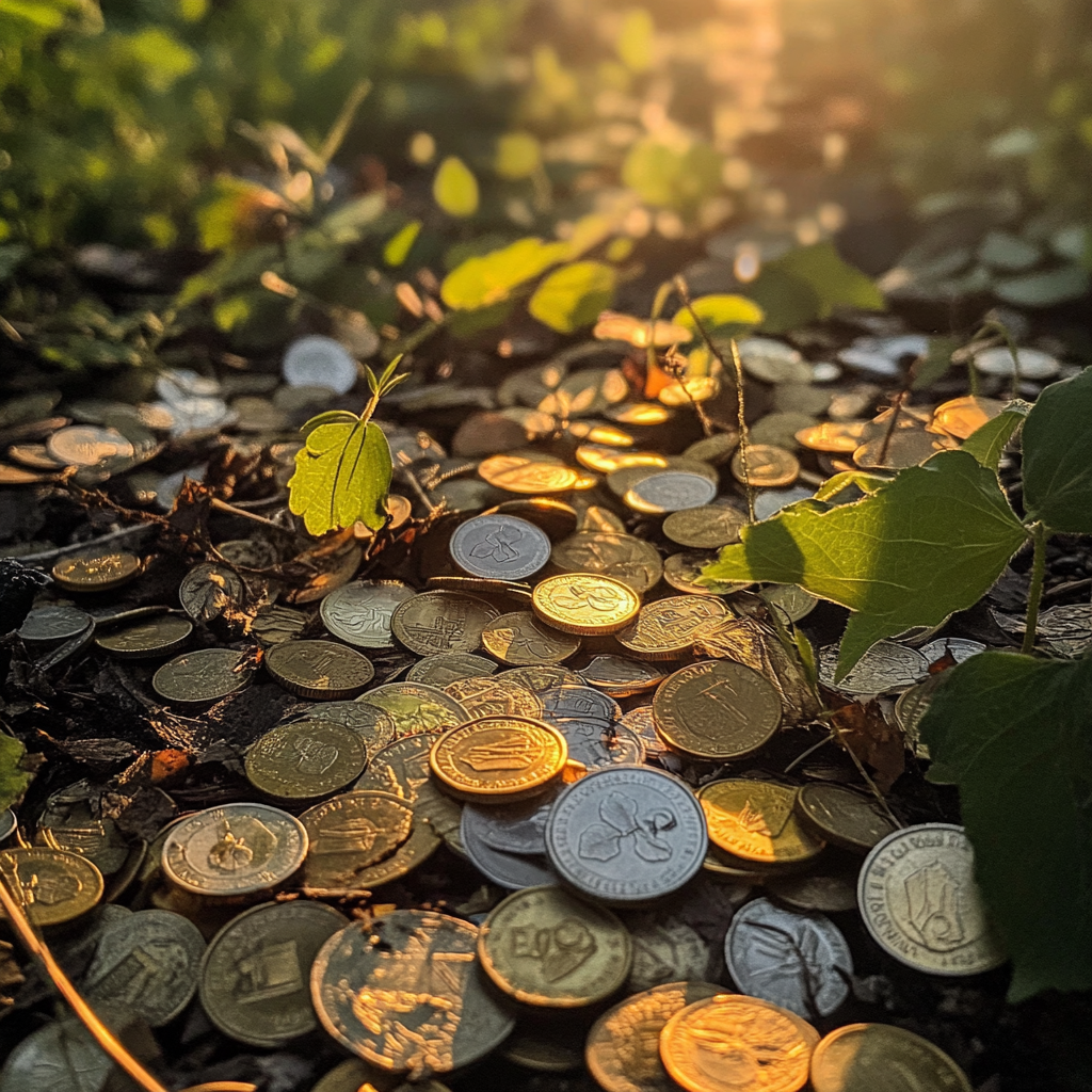 Coins scattered in the bush | Source: Midjourney