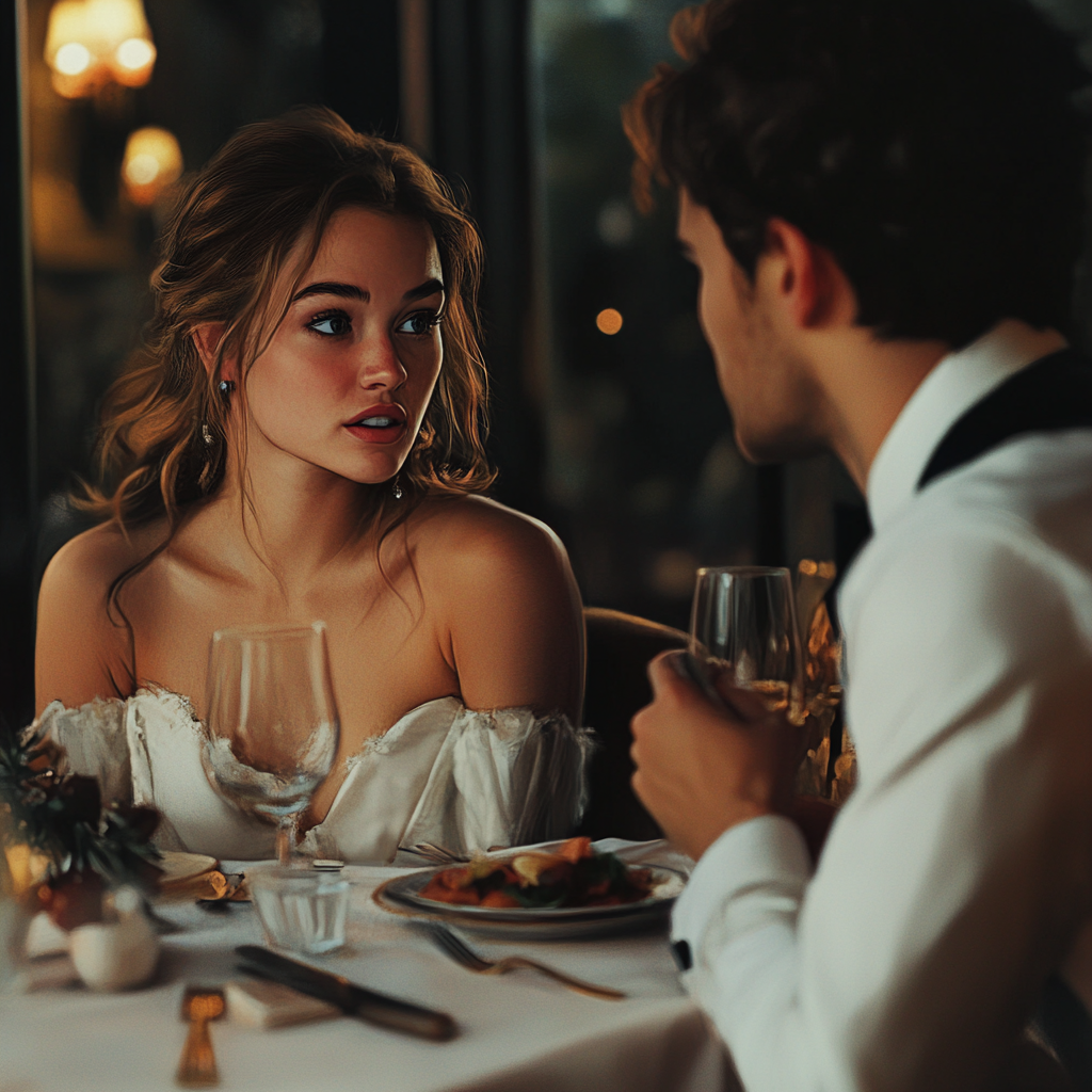 A concerned woman talking to a man at a dinner party | Source: Midjourney