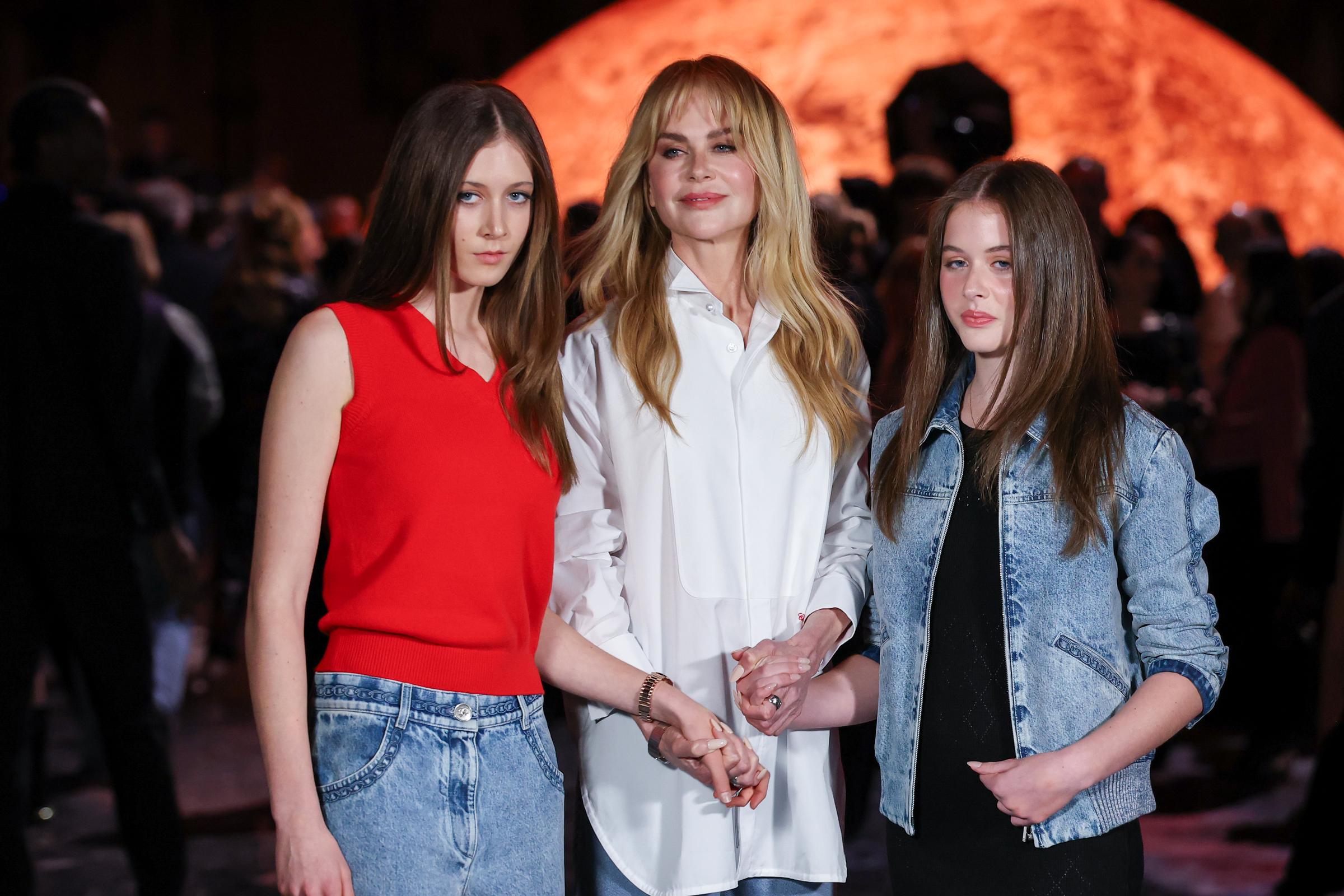 Sunday Rose Kidman-Urban, Nicole Kidman, and Faith Margaret Kidman-Urban at the Chanel Womenswear Spring/Summer 2026 show during Paris Fashion Week in France on October 6, 2025.