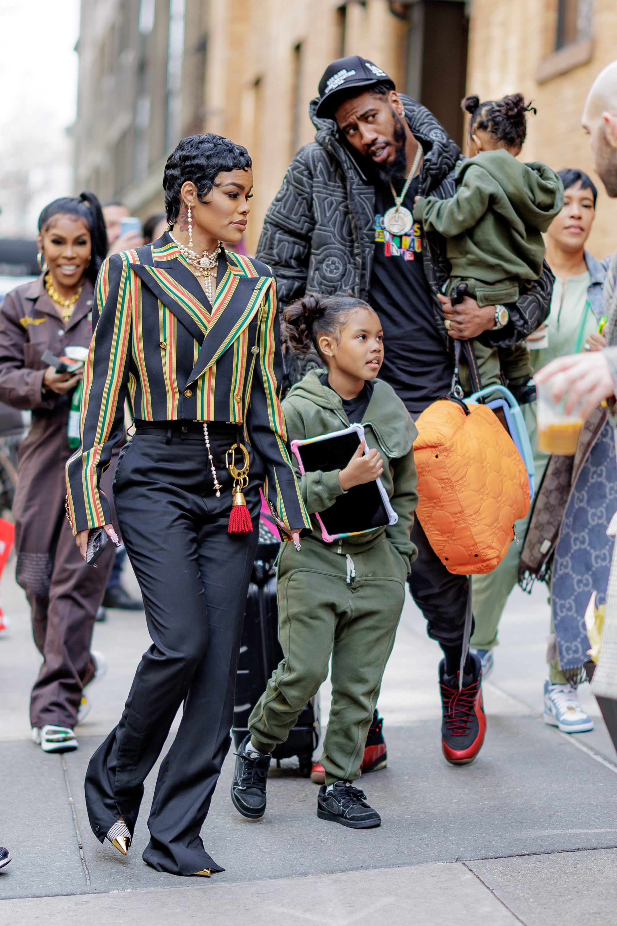 Teyana Taylor, Iman Tayla Shumpert Jr., Iman Shumpert, and Rue Rose Shumpert are seen on the Upper West Side on March 28, 2023, in New York City | Source: Getty Images