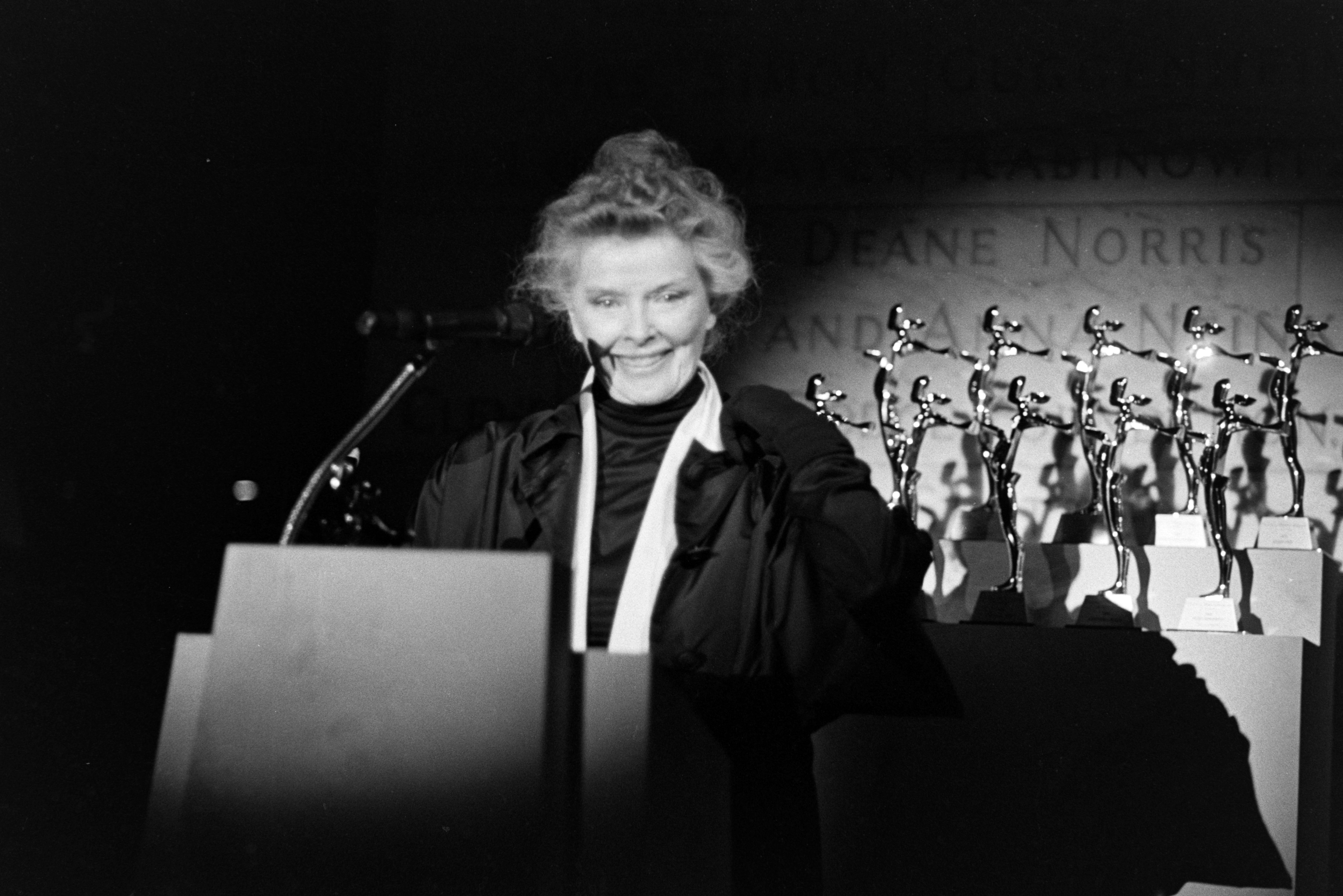 Katharine Hepburn spricht auf der Bühne während der jährlichen Gala des Council of Fashion Designers of America in der New York Public Library am 20. Januar 1986 in New York City | Quelle: Getty Images