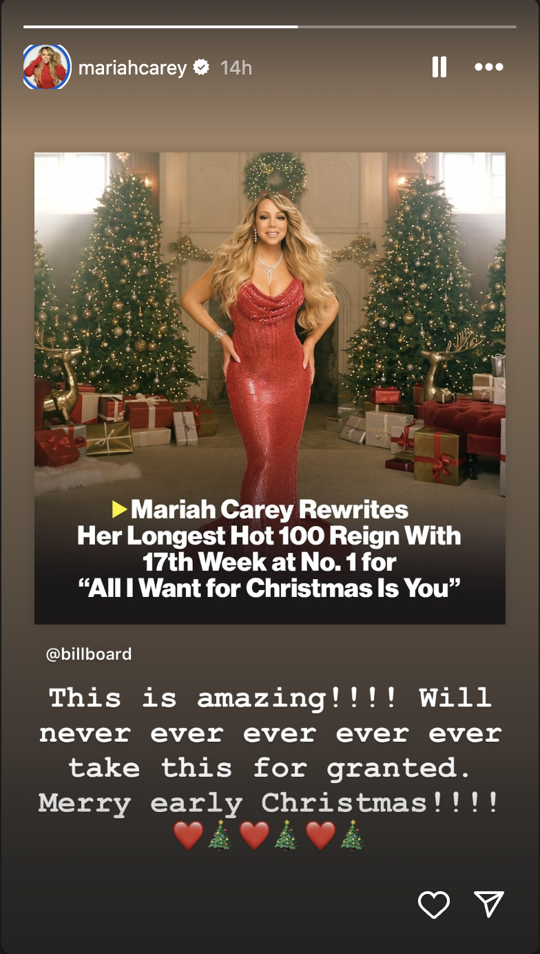 Mariah Carey's reaction to her milestone achievement, posted on December 23, 2024 | Source: Instagram/mariahcarey