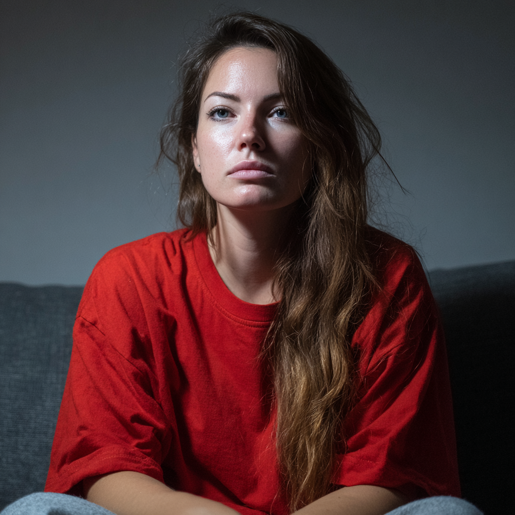 A pensive woman sitting on a couch | Source: Midjourney