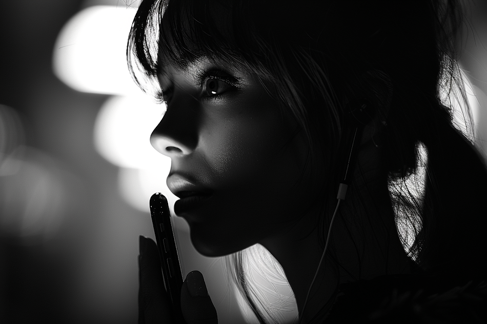 Grayscale shot of a young woman holding a phone | Source: Midjourney