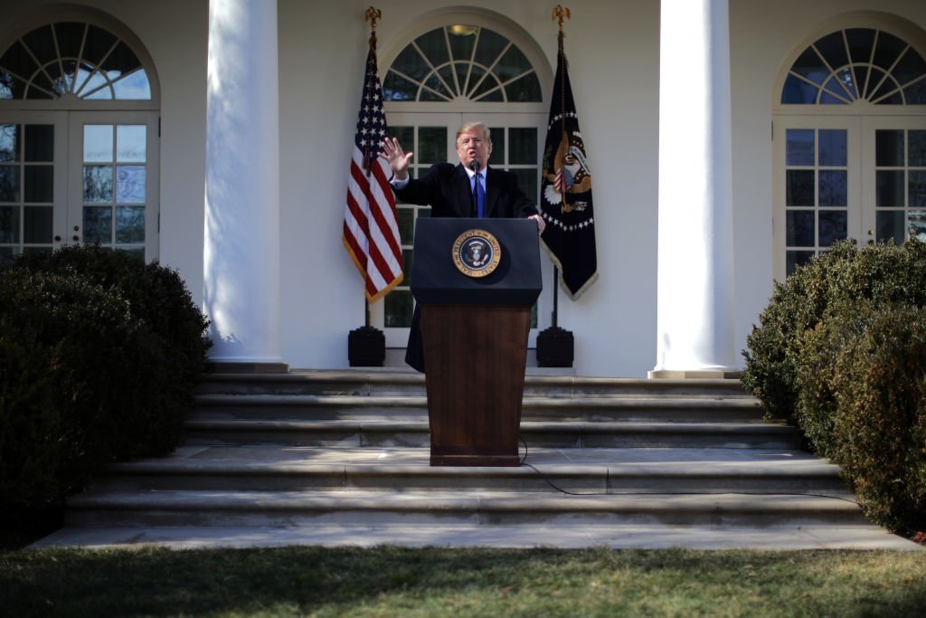 President Donald Trump giving a speech in the White House Rose Garden in February 15, 2019 | Photo: Getty Images President Donald Trump giving a speech in the White House Rose Garden in February 15, 2019 | Photo: Getty Images
