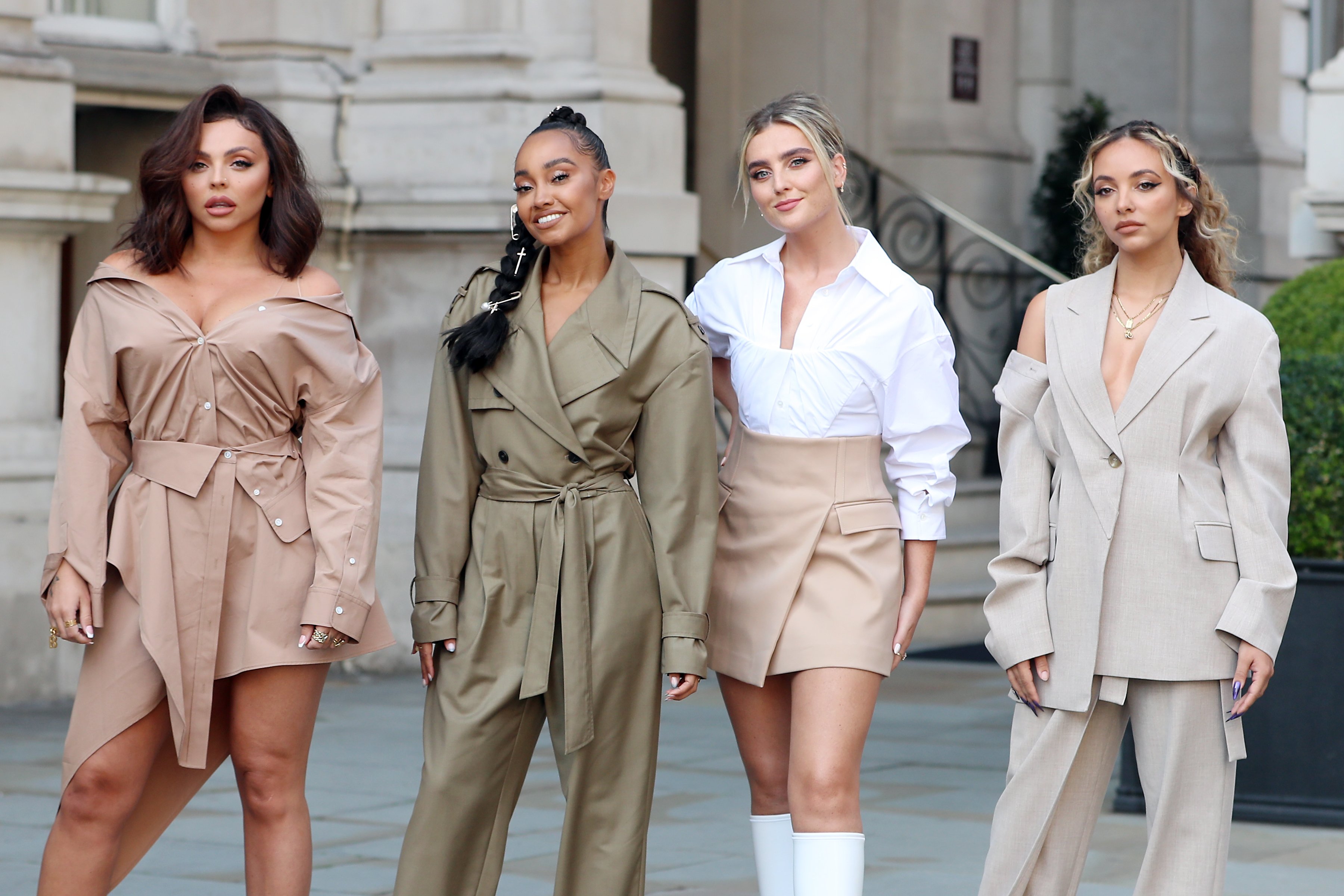 Little Mix band members leaving the Langham Hotel for their performance at BBC Radio One Live Lounge, London, 2020 | Photo: Getty Images 