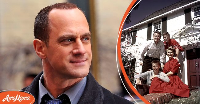 Actor Christopher Meloni as Detective Elliot Stabler in an episode of "Law & Order: SVU" in 2010 [left]. Actors and real life family The Nelsons (Top L-R: Ozzie Nelson and Ricky Nelson bottom L-R: Ricky Nelson and Harriet Nelson) pose outside their house circa 1955 in Los Angeles, California [right] | Photo: Getty Images