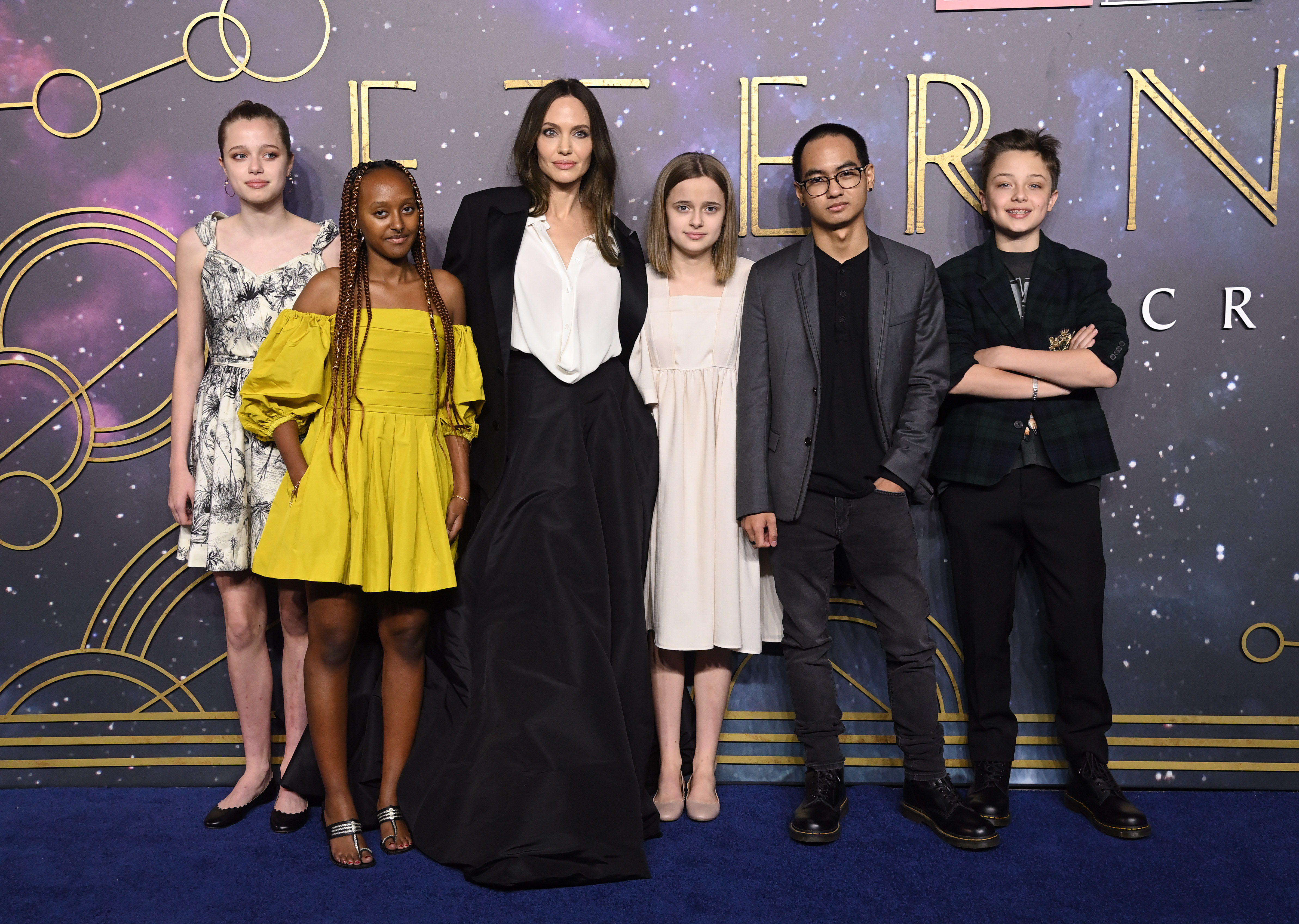 Shiloh, Zahara, Angelina Jolie, Vivienne, Maddox, and Knox Jolie-Pitt attend the "The Eternals" UK Premiere at BFI IMAX Waterloo in London, England, on October 27, 2021. | Source: Getty Images