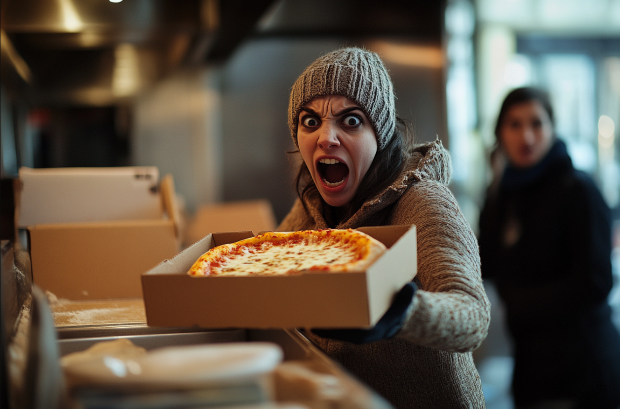 A woman carrying a pizza | Source: Midjourney