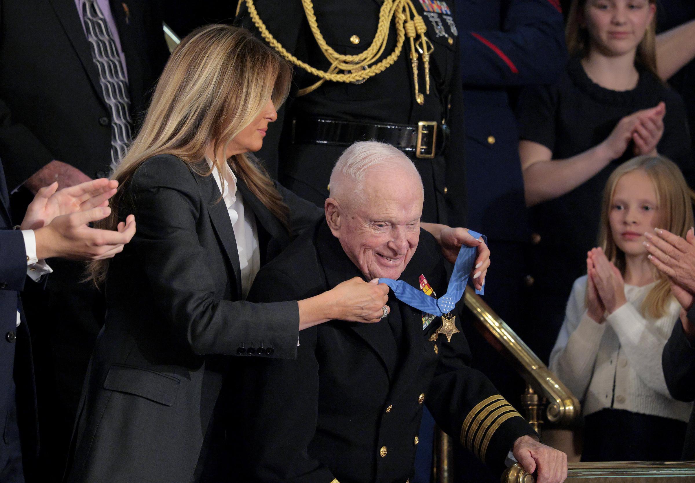 Retired Navy Captain E. Royce Williams receives the Medal of Honor from Melania Trump during U.S. President Trump's State of the Union address during a Joint Session of Congress on February 24, 2026, in Washington, DC | Source: Getty Images
