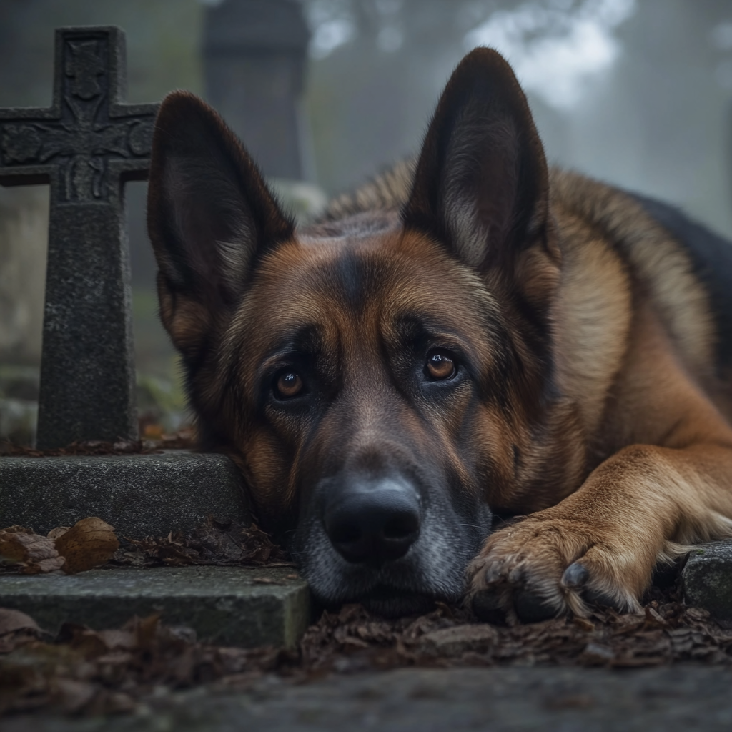 A grieving German Shepherd lying in a cemetery | Source: Midjourney