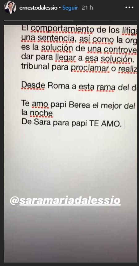 Mensaje de Sara a su papá. | Foto: Instagram/ernestodalessio