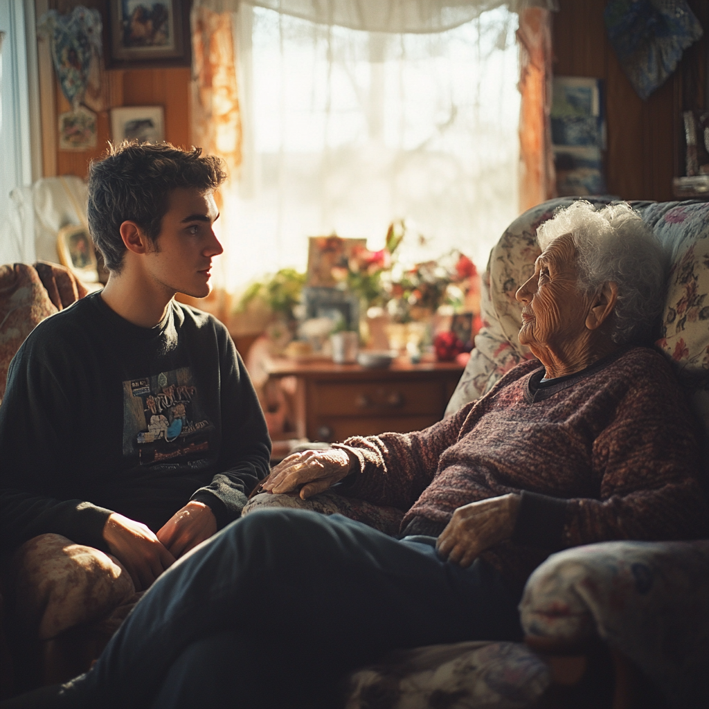 A man talking to his grandmother | Source: Midjourney