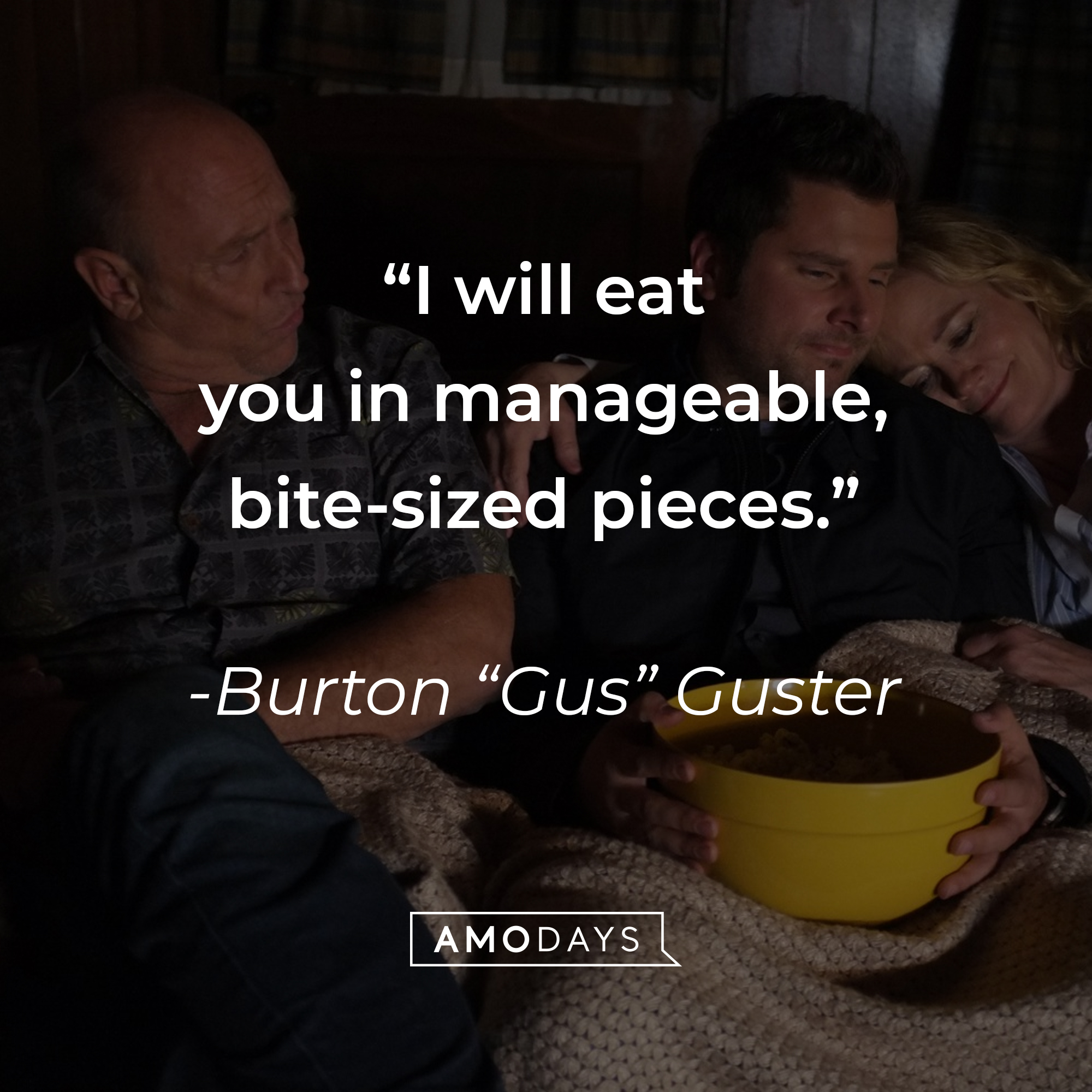 Shawn Spencer and two other characters, with  Burton “Gus” Guster’s quote: “I will eat you in manageable, bite-sized pieces.”  | Source: facebook.com/PsychPeacock