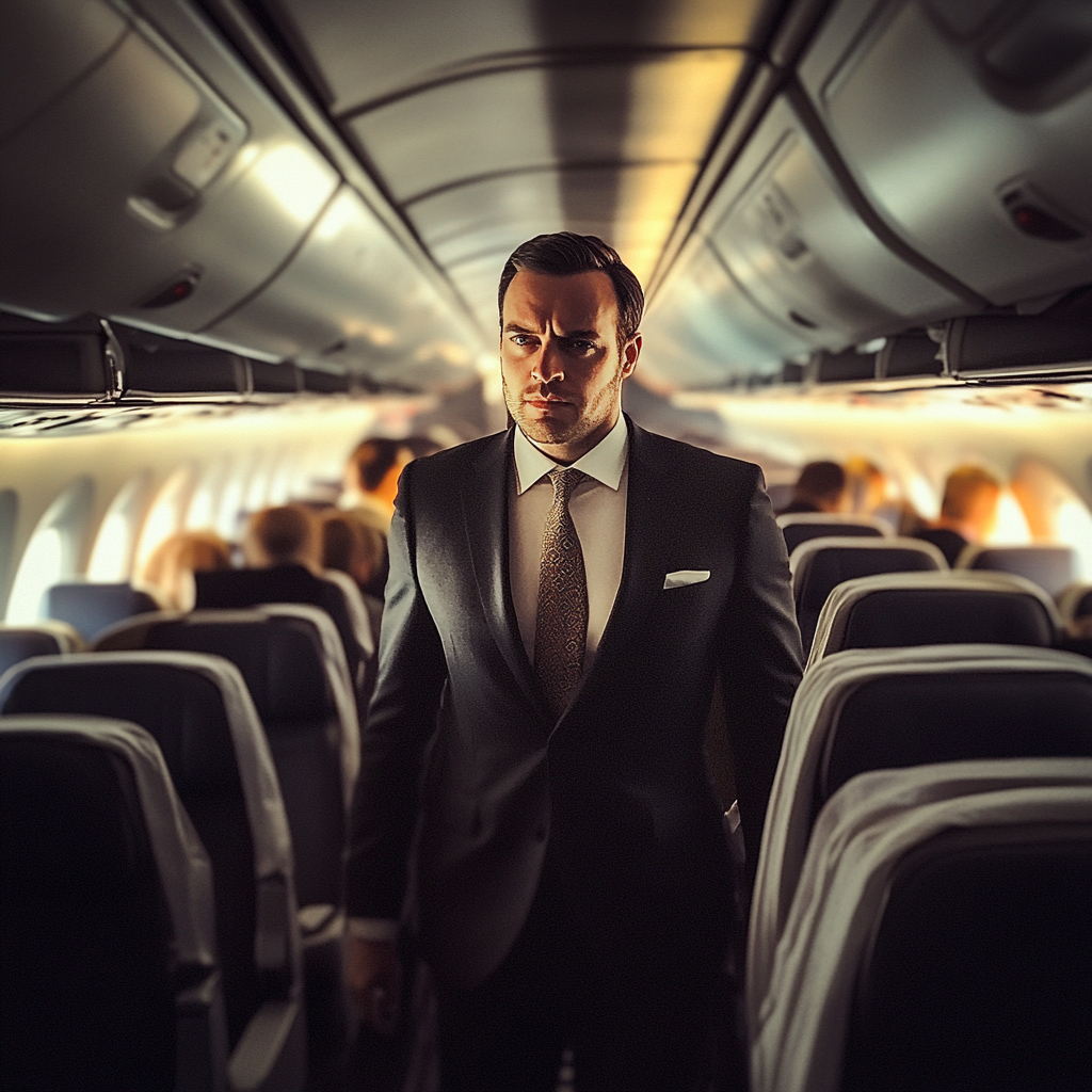 A man standing in an airplane aisle | Source: Midjourney