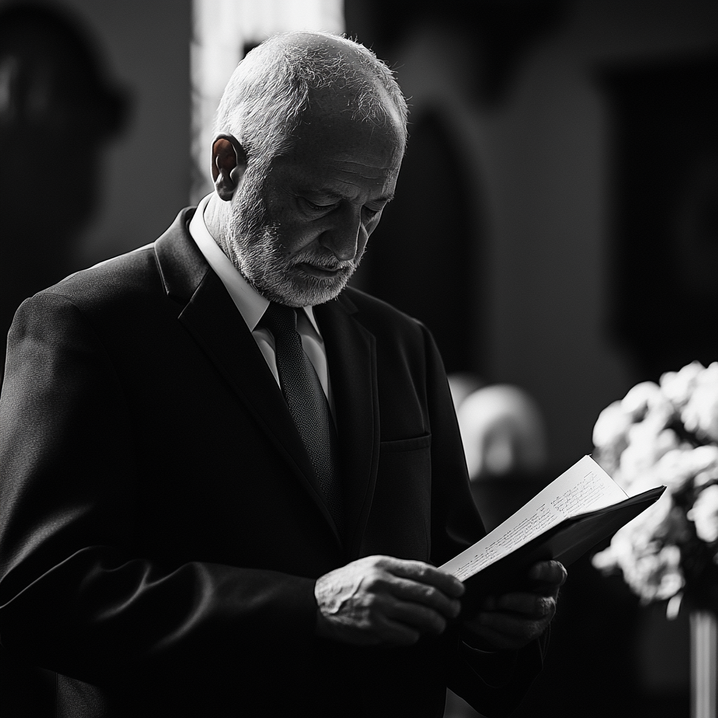 Senior man reading a letter at a funeral | Source: Midjourney