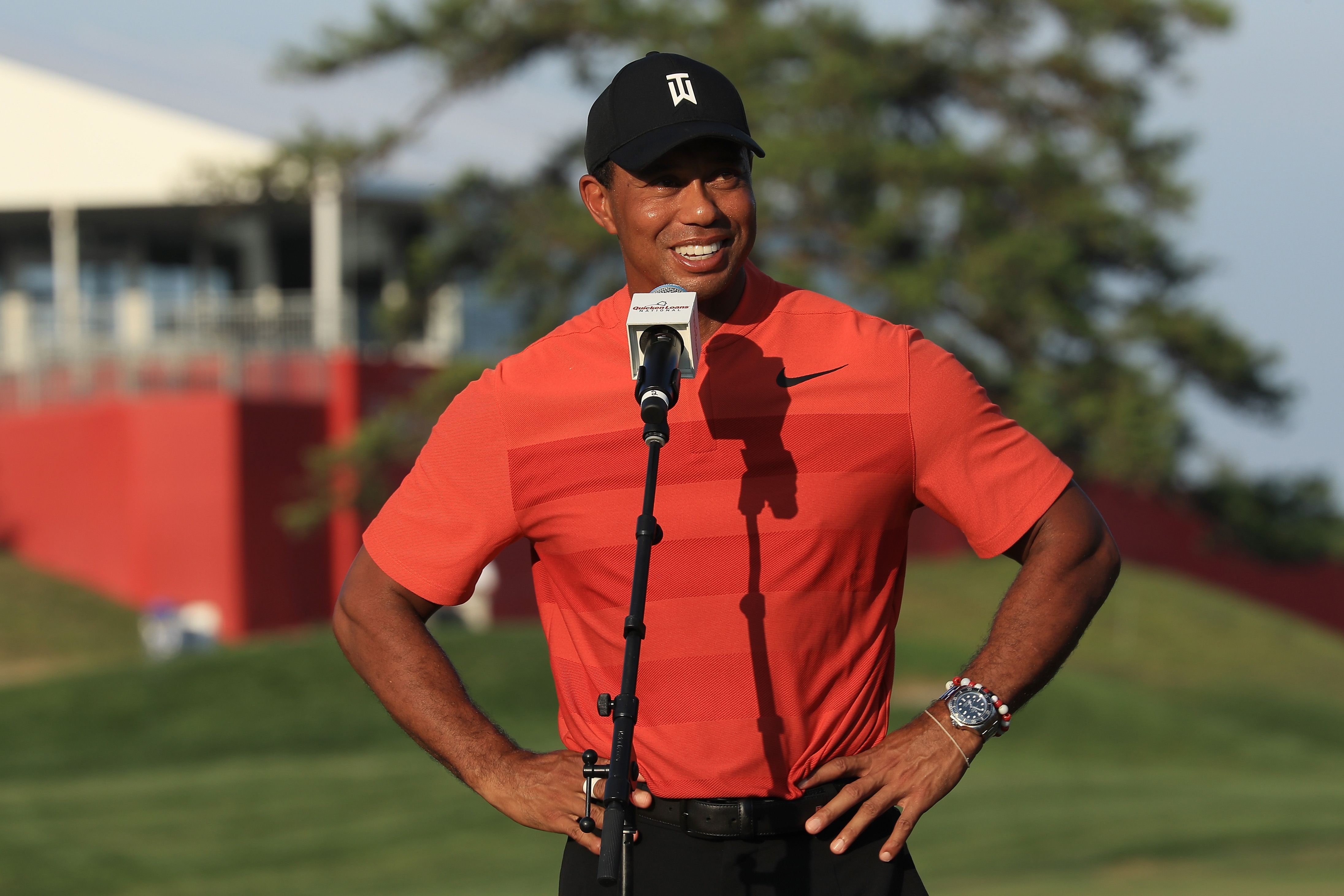 Tiger Woods during the trophy presentation at the Quicken Loans National at TPC Potomac on July 1, 2018 in Potomac, Maryland. | Source: Getty Images