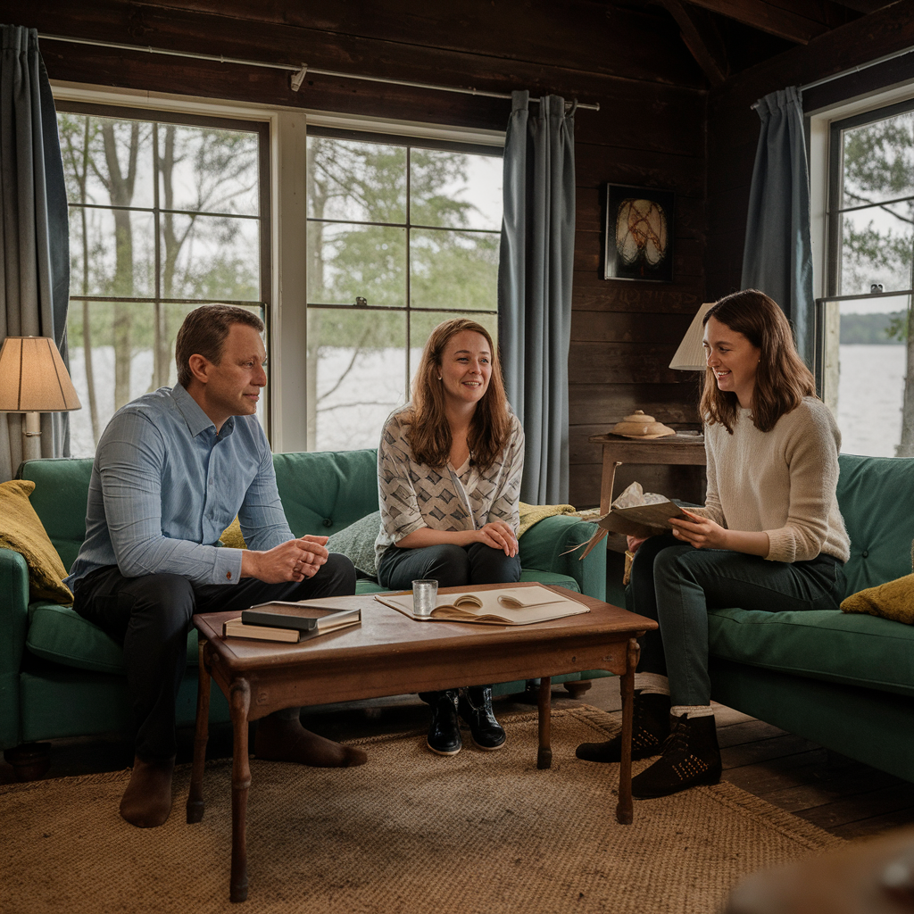 A trio of siblings happily reminiscing in a cabin beside a lake | Source: Midjourney