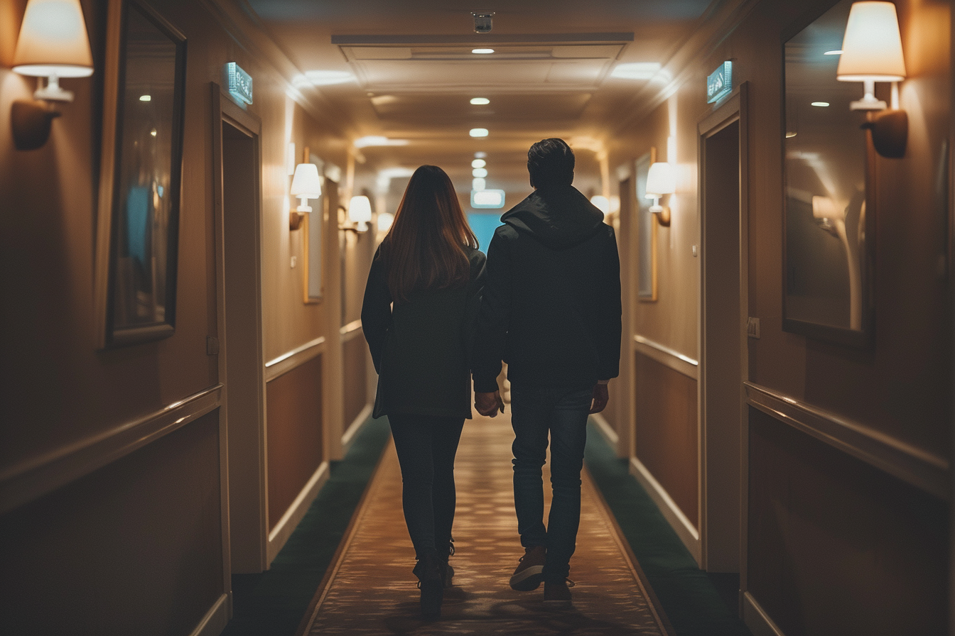 A man and a woman walking in a hotel corridor | Source: Midjourney